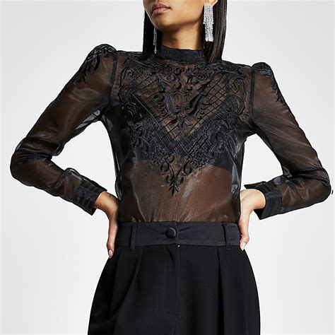 Black Long Sleeve Lace Sheer Top River Island