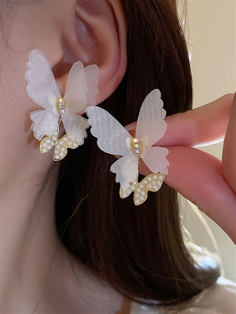 Rhinestone Faux Pearl Decor Butterfly Stud Earrings Butterfly