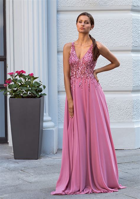 Abito Da Sera In Chiffon Con Strass In Rosa Geranio Christian Koehlert