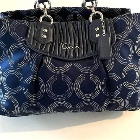 Coach Navy Blue Monogram Canvas Leather Tote Bag Gem