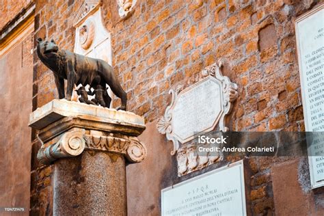 Estatua De La Loba Capitolina Con Rómulo Y Remo Símbolo De La Ciudad De Roma En Una Columna En