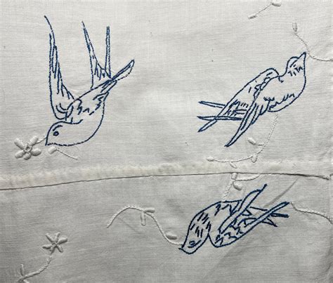 Antique Embroidered Blue Birds On Cotton Remnant Etsy