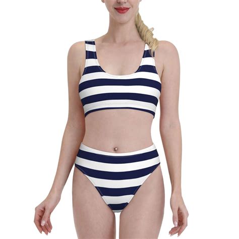 Fotbe Women S Navy Blue And White Stripes Print Bikini High Waisted
