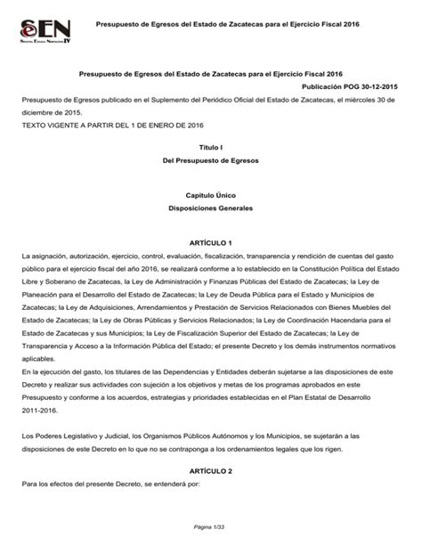 Presupuesto De Egresos Del Estado De Zacatecas Para El Ejercicio