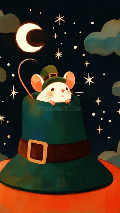 Cute Mouse Peeking Out Of Leprechaun Hat Under Starry Night Sky Stock