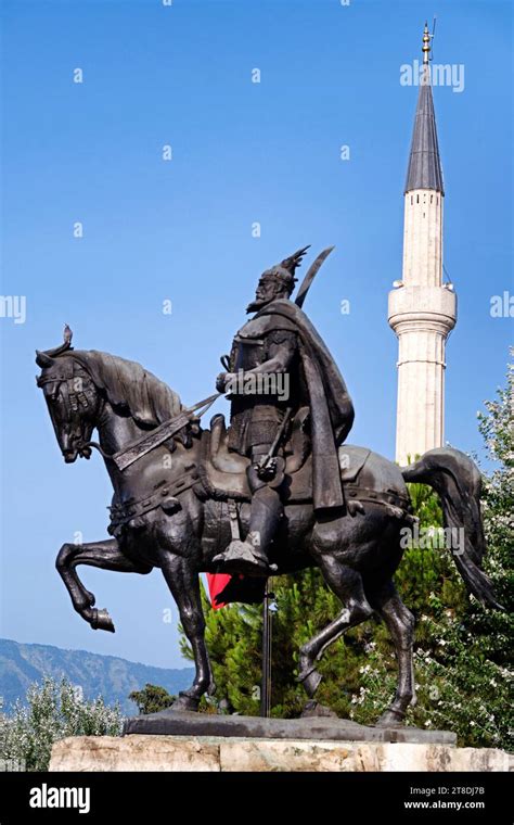 The Skanderbeg Monument Monumenti i Skënderbeut and the minaret of Et