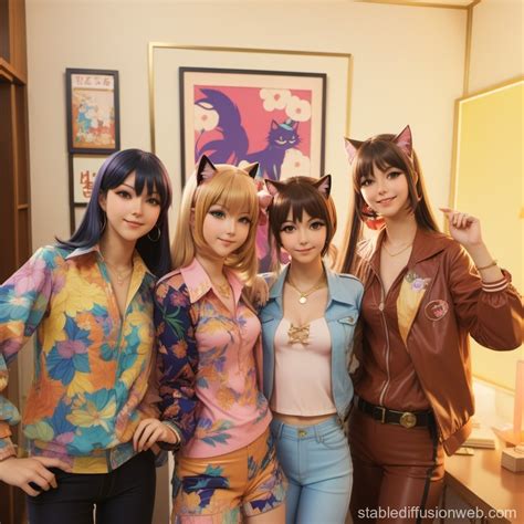 Anime Catgirls Quartet In 1970s Stable Diffusion Online