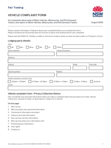 Fillable Online Vehicle Complaint Form For Complaints About Sales Of