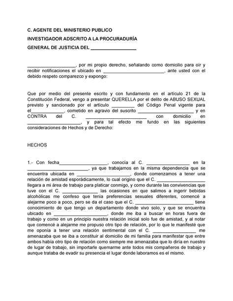 Modelo Denuncia C AGENTE DEL MINISTERIO PUBLICO INVESTIGADOR