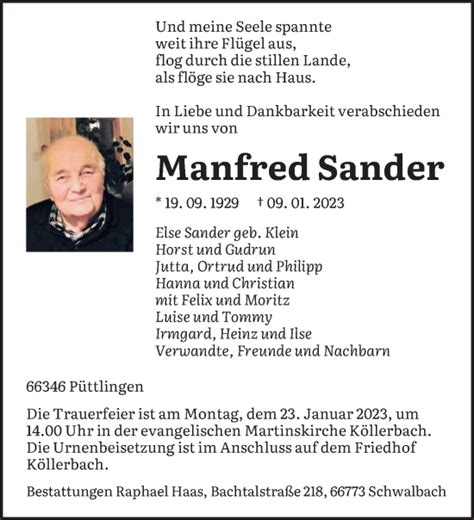 Traueranzeigen Von Manfred Sander Saarbruecker Zeitung Trauer De