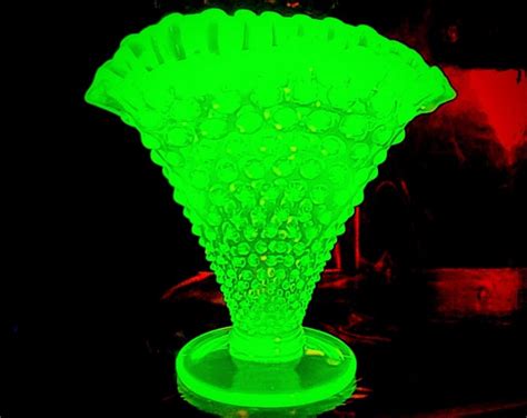 Vintage Fenton Vaseline Uranium Opalescent Topaz Pressed Footed Hobnail Art Glass Fan Vase Circa