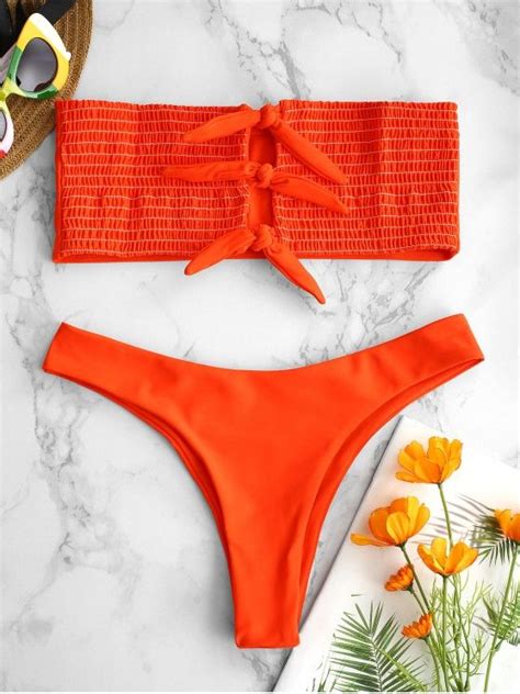 [26 Off] 2021 Zaful Smocked Bralette Keyhole Tied Bikini Set In Orange