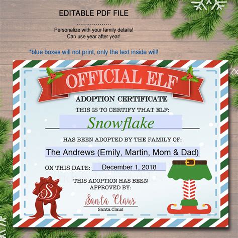 Editable Elf Adoption Certificate Elf Letters Notes From The Etsy