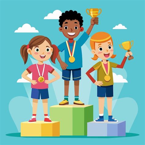 Un grupo de niños de pie en la parte superior de un podio con medallas