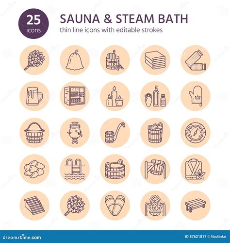 Sauna Steam Bath Line Icons Bathroom Equipment Birch Oak Birch