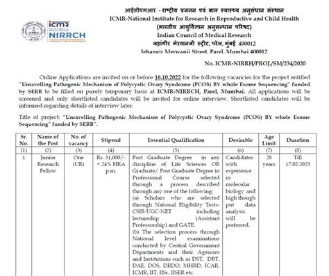 Jrf Position At Icmr Nirrch Mumbai Jaivikshastram Jaivikshastram