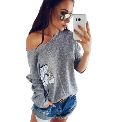 Sexy Women Autumn Sweaters Shirts Fashion Sequins Stitching Bat Sleeve