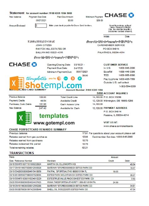 USA Chase Bank Mastercard Card Statement Easy To Fill Fake Template In