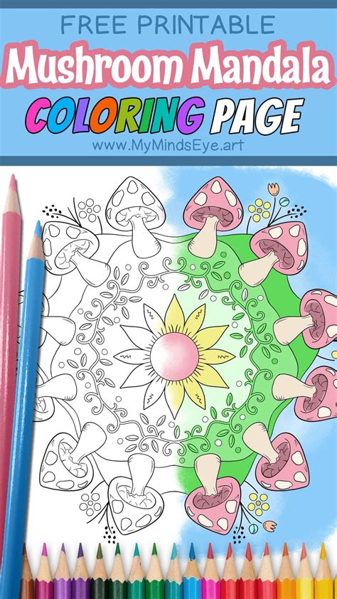 Image of a mushroom mandala coloring page with several colored pencils ...