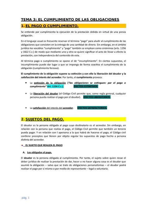 Tema 3 El Cumplimiento De Las Obligaciones Derecho De Obligaciones Y C C Tema 3 El