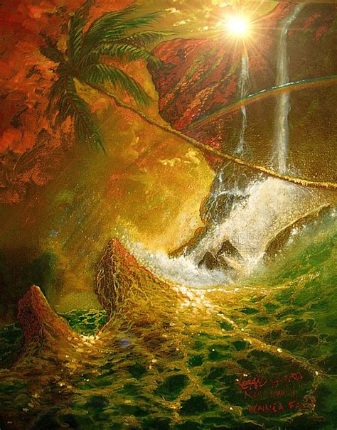 Hawaii Sescape Waterfall Sunset Painting by Leland Castro