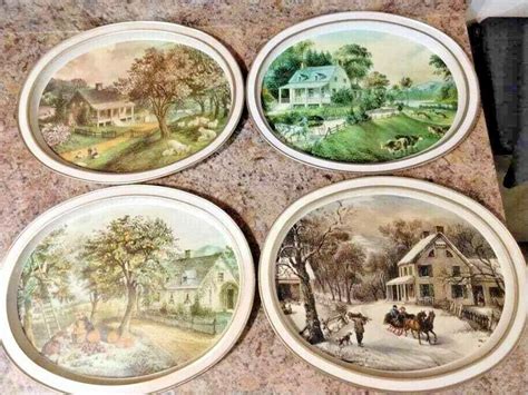The American Homestead Currier And Ives 1868 Oval Tin Tray Set 4 Seasons