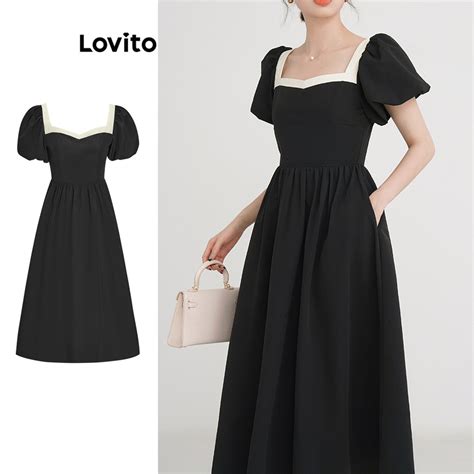 Lovito Casual Vestido Feminino Liso Colorblock L67AD105 Preto E Branco