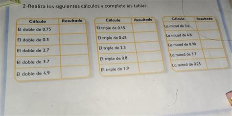 2 Realiza Los Siguientes Cálculos Y Completa Las Tablas Resultado