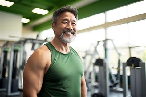 Premium AI Image Mature Asian Gym Trainer In Green Tank Top With