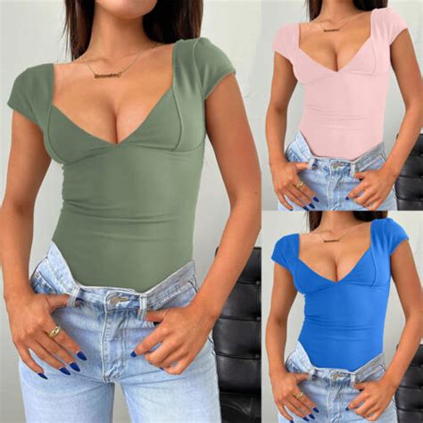 Frauen Kurzarm T Shirt Crop Sommer Tiefem V Ausschnitt Slim Fit Sexy