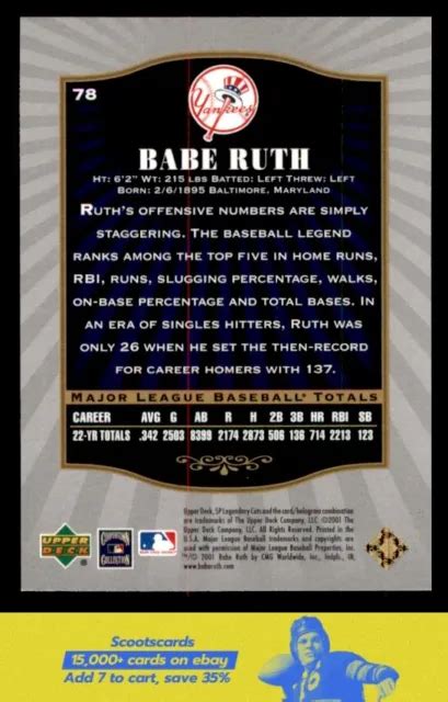 2001 SP LEGENDARY Cuts Babe Ruth 78 Yankees De New York EUR 5 46