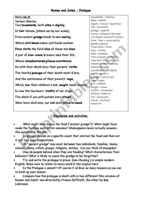 Romeo And Juliet Prologue Matching Activity By Kps Krafty Lessons