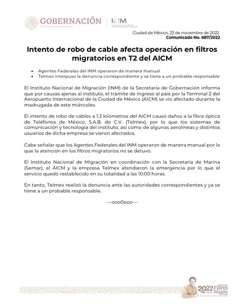 INM on Twitter Comunicado Por intento de robo de cables el trámite