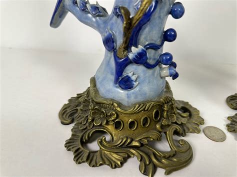 Vintage Pair Of Large Hollywood Regency Ormolu Mounted Ceramic Blue Parrot Bird Brass Candle