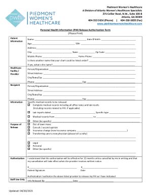 Fillable Online Personal Health Information Phi Release Authorization