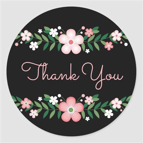 A Thank Sticker With Pink Flowers And Green Leaves On Black Says Thank You