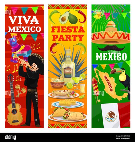 Mexican Fiesta Party Vector Banners With Mexico Flag Map And Food Sombrero Hat Chilli Peppers