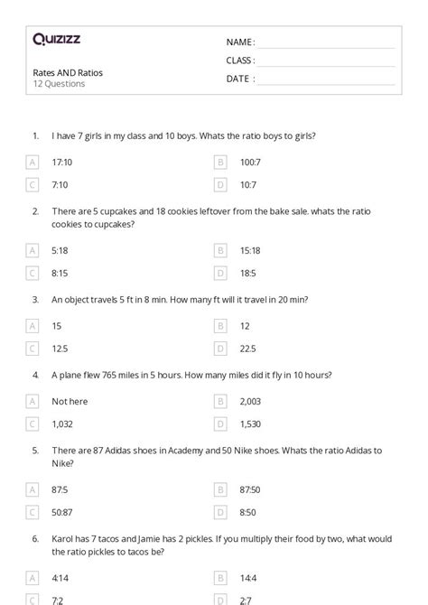 50 Percents Ratios And Rates Worksheets On Quizizz Free Printable