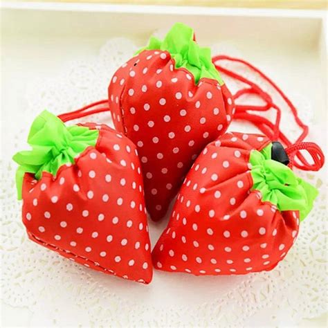 Pack Of 3 Portable Strawberry Folding Bag Reuse Able Eco Friendly Shopping Pouch Nylon Wishhub