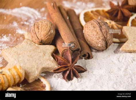 Biscuits Star Anise Cinnamon Sticks Dried Orange Slices And Nuts