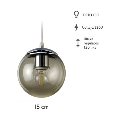 LUZ DESING Colgante 1 Luz Globo 15cm Vidrio Fumé Moderno Apto Led E27