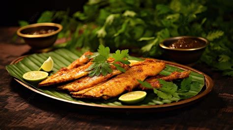 Exquisitely Presented Seer Fish Fry With Coriander Garnish Background