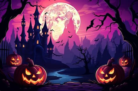 Premium AI Image | Halloween pink background with scary pumpkins candles in the castle background