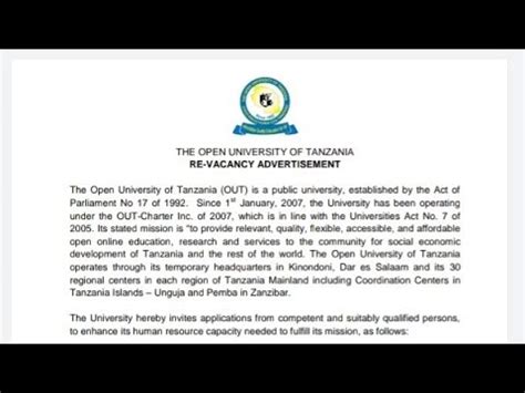 NAFASI ZA KAZI CHUO KIKUU OPEN UNIVERSITY OF TANZANIA TANGAZO LA KAZI