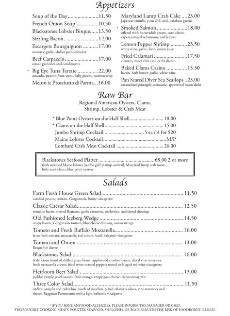 Blackstones Greenwich Menus