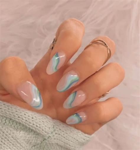 Blue Green Swirl Nails Acrylic Wave Nails Minimalist Nails Green