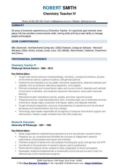 Chemistry Teacher Resume Samples Qwikresume