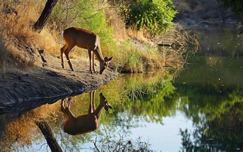 Premium Photo Deer Cautiously Approaching A Watering Hole