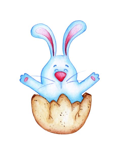 Watercolor Illustration Of A Cute Blue Easter Bunny Protruding From An