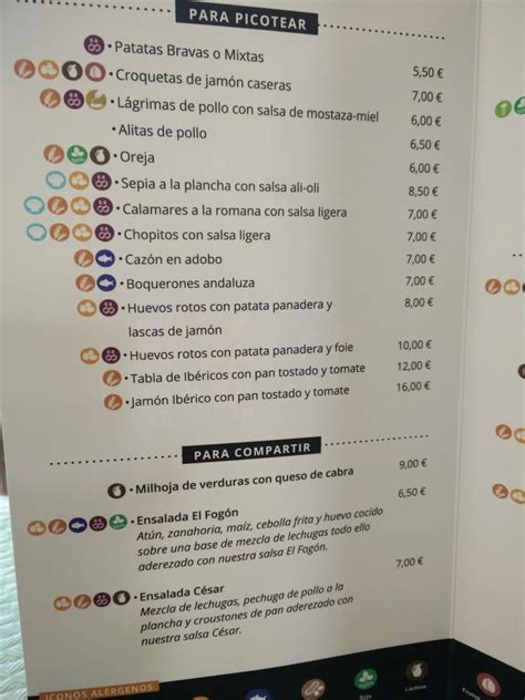 Carta del pub y bar El Fogón del Pedro Madrid Crta del Vicalvaro a